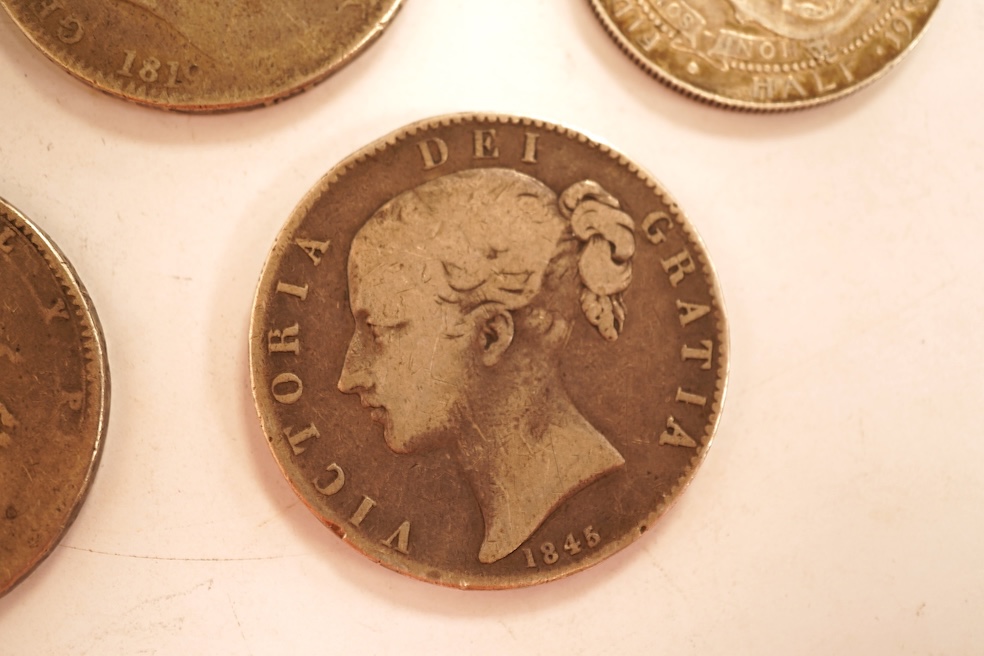 British coins, George III to Edward VII, four crowns, 1819, 1820, two 1845 and Edward VII halfcrown 1910, VF (5)